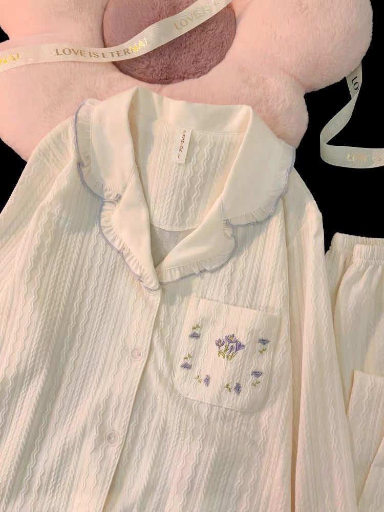 Pijama cotton dài viền tím dịu dàng