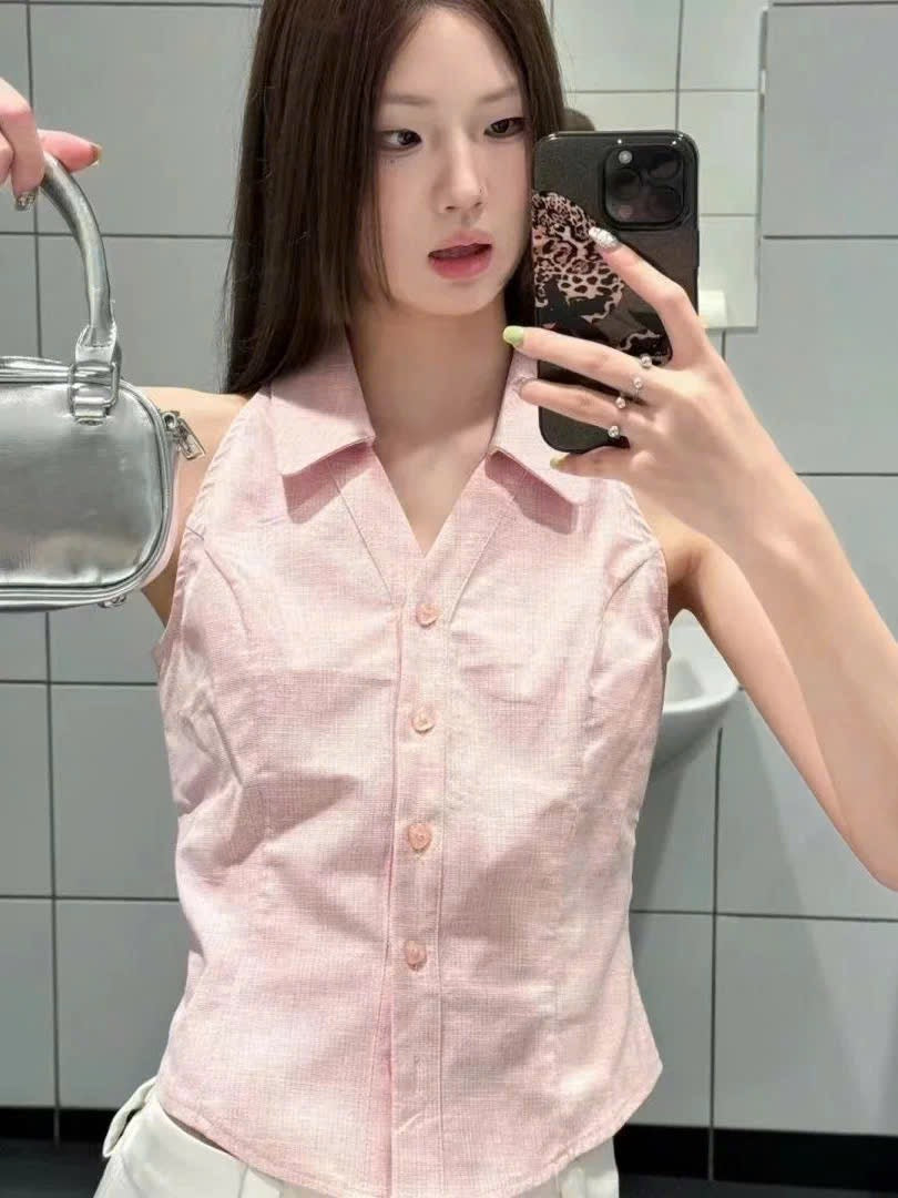 Áo sơ mi cổ yếm màu hồng ngọt ngào