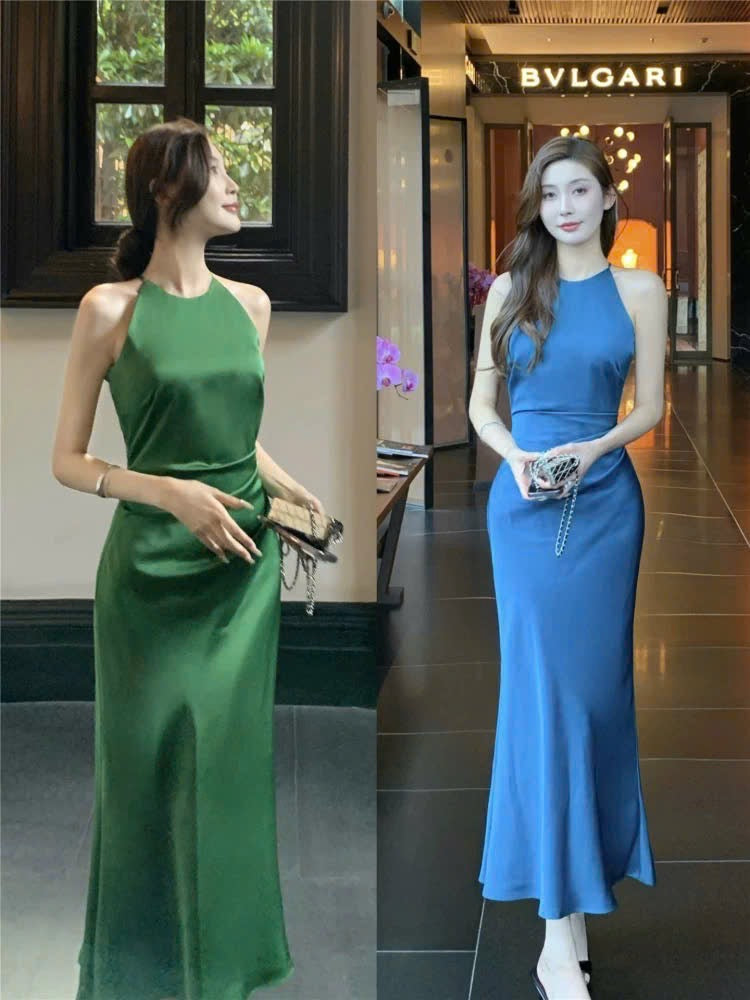 Đầm lụa đi tiệc xanh nhã nhặn