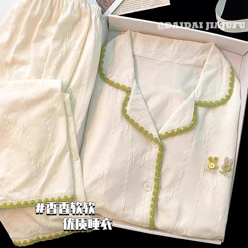 Pijama dài cotton xanh lá viền đen
