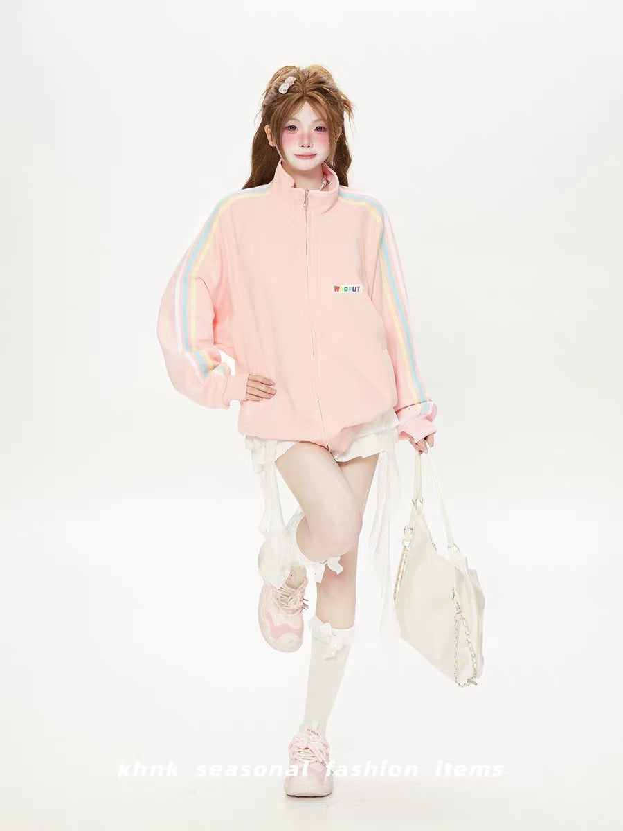 Áo khoác jacket cổ đứng sọc xanh hồng vàng