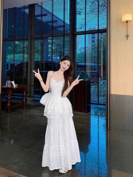 Set áo 2 dây ren đính hoa phối chân váy xoè xinh