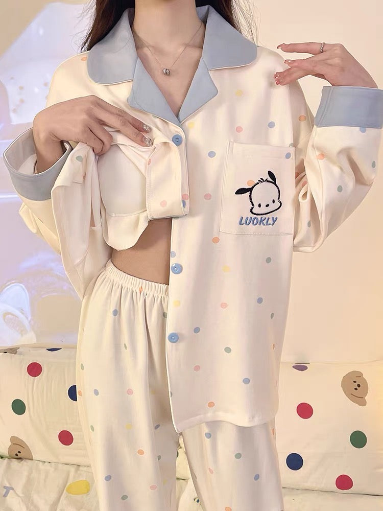 Pijama dài chấm bi viền xanh dương
