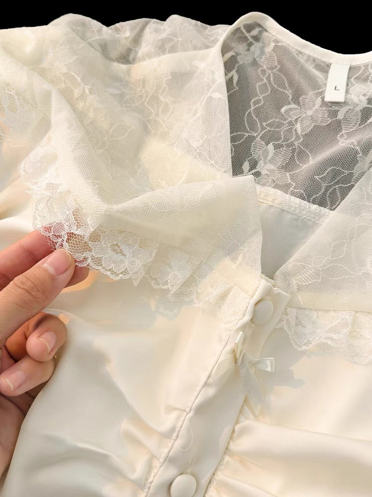 Pijama lụa dài phối ren vai