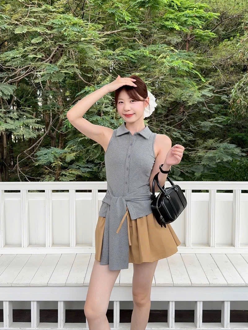 Set áo thun sát nách + chân váy lưng thun xoè