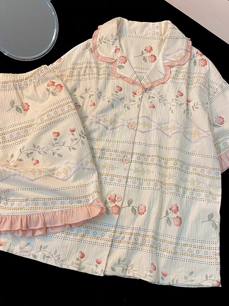Pijama ngắn cotton hồng hoạ tiết hoa