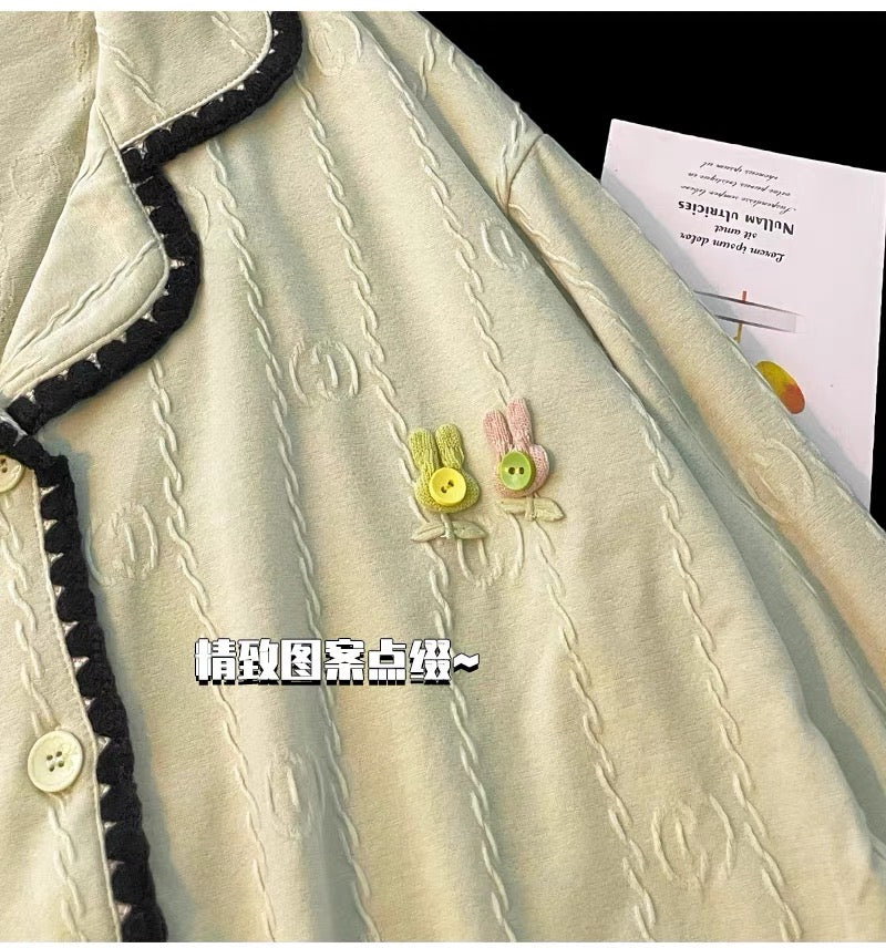 Pijama dài cotton xanh lá viền đen