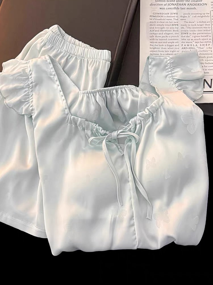 Bộ ngủ 2 dây đùi lụa xanh mút lót