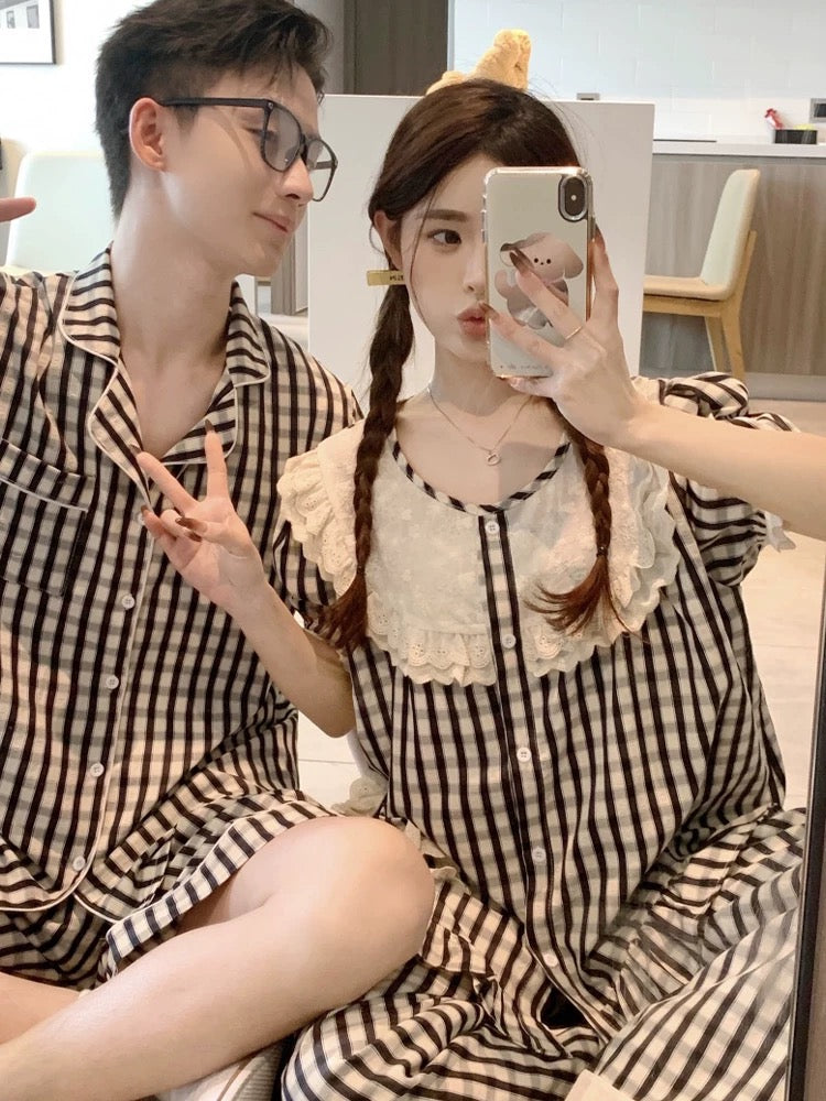 Đồ ngủ đôi ngắn caro viền bèo 2 bộ chỉ 65$