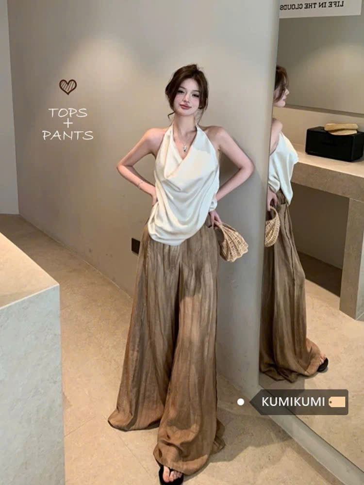 Set áo cổ yếm phối quần ống rộng thanh lịch
