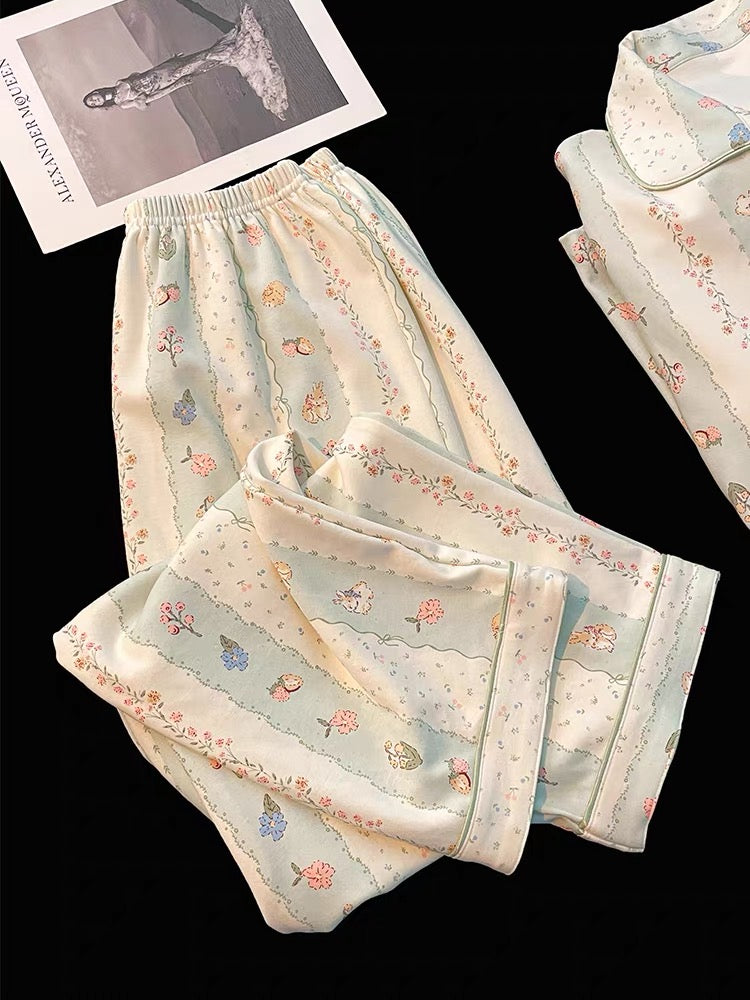 Pijama dài cotton sọc xanh thỏ hoa