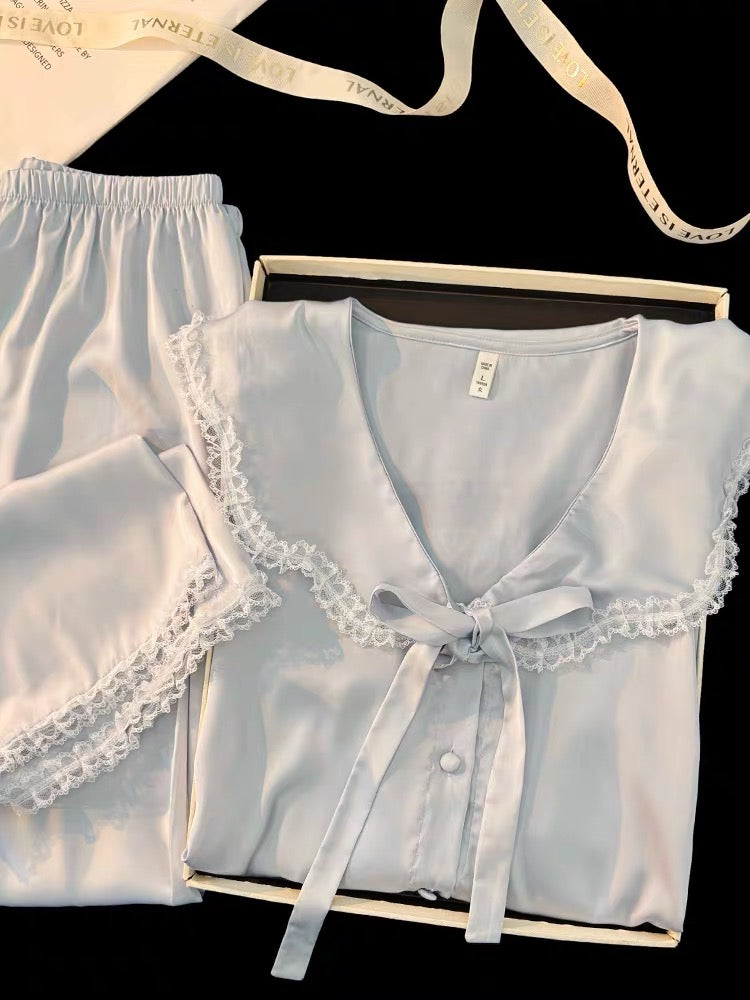 Pijama dài xanh pastel cột nơ