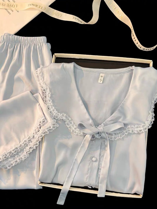 Pijama dài xanh pastel cột nơ