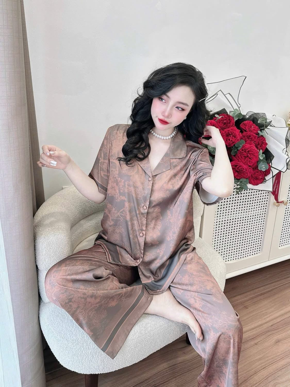 Pijama lụa latin tay ngắn quần dài