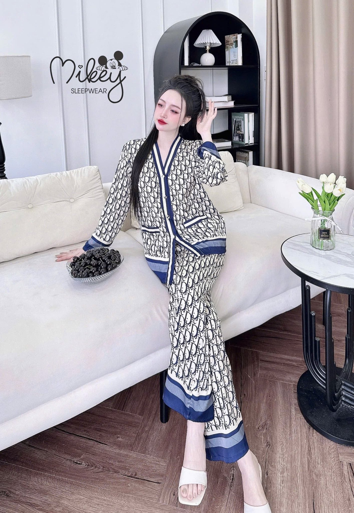 Pijama tay dài Mikey lụa Latin nút bọc cao cấp