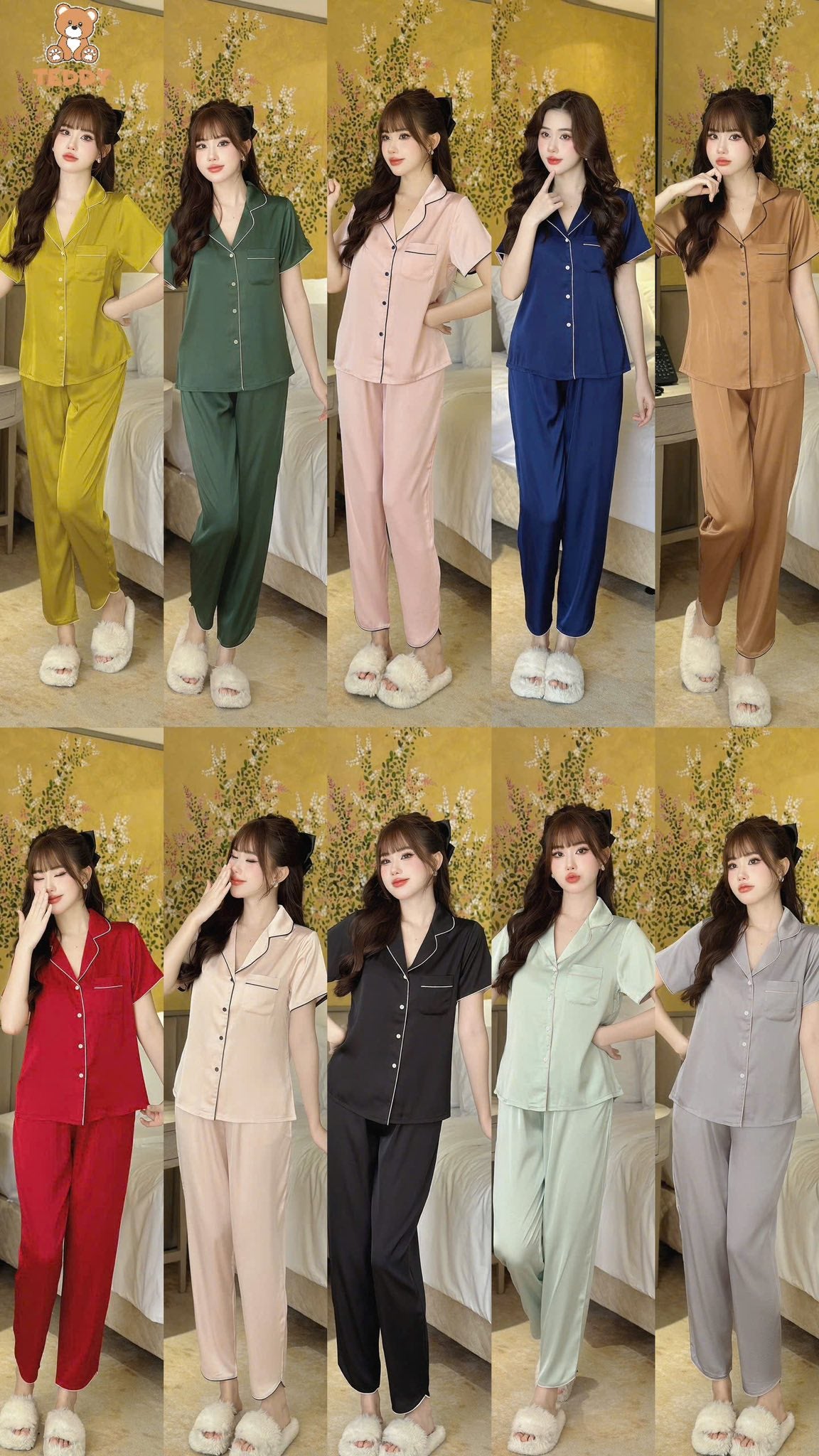 Pijama tay ngắn trơn Teddy viền lé lụa