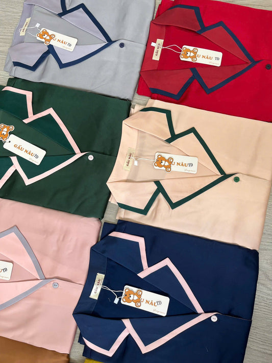 Bộ pijama dài trơn Teddy cổ vuông phối viền màu
