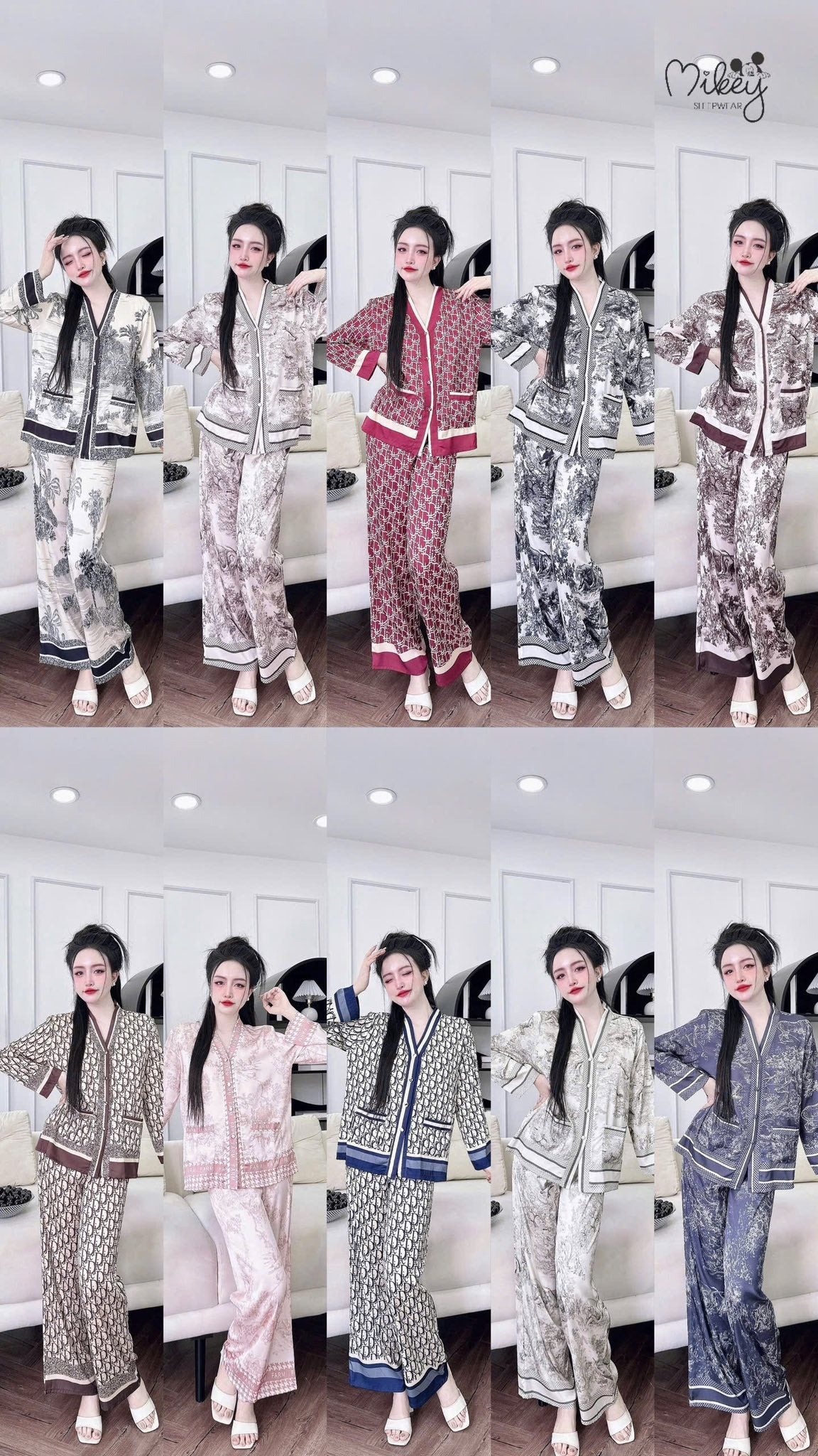 Pijama tay dài Mikey lụa Latin nút bọc cao cấp