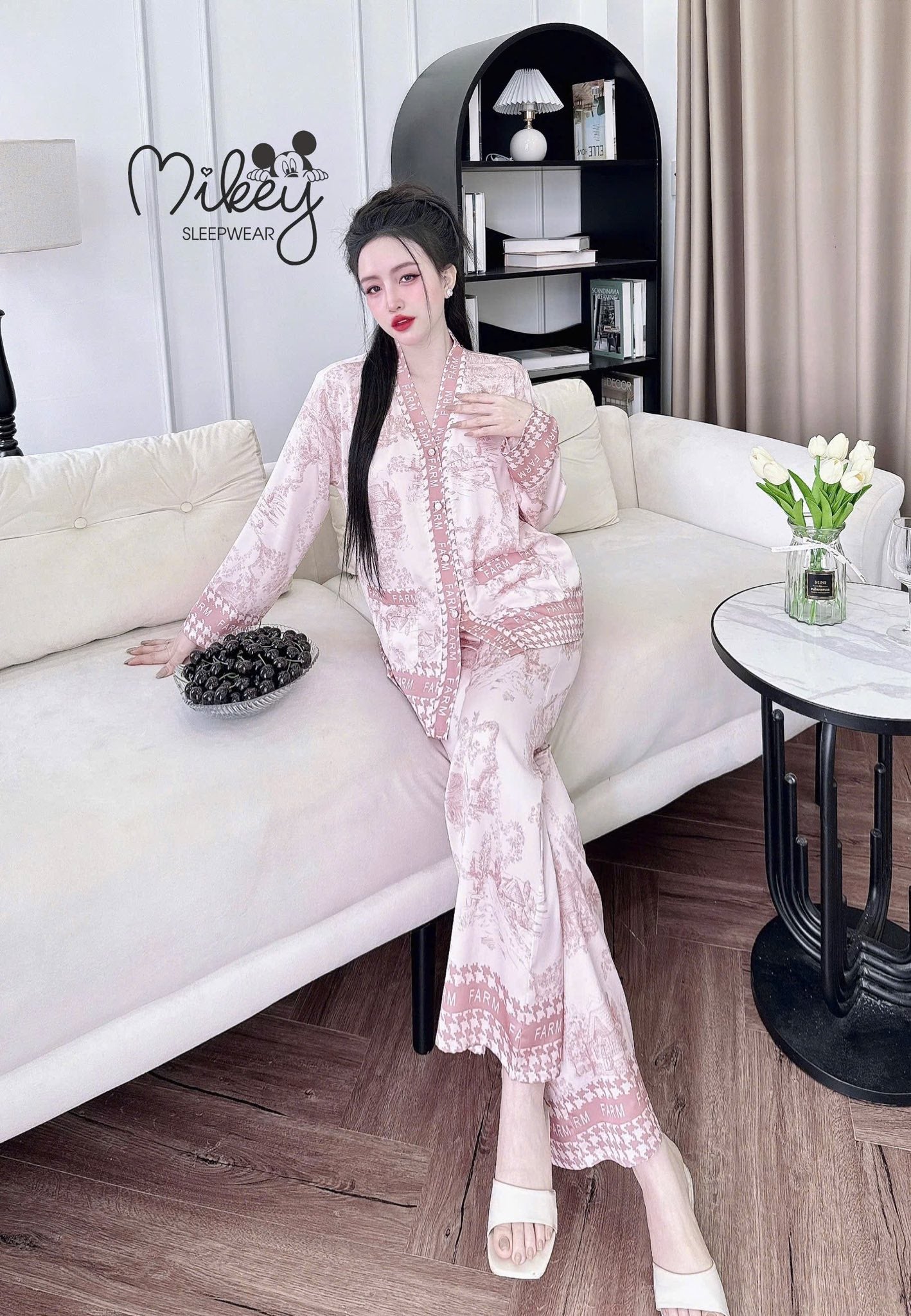 Pijama tay dài Mikey lụa Latin nút bọc cao cấp