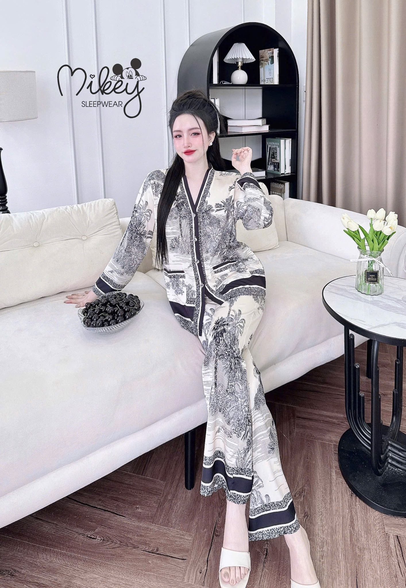 Pijama tay dài Mikey lụa Latin nút bọc cao cấp