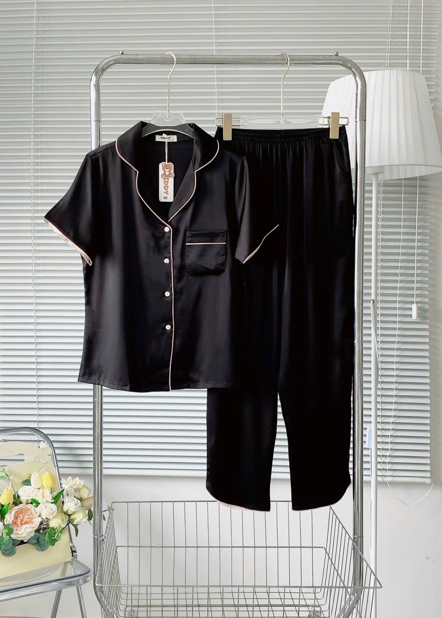 Pijama tay ngắn trơn Teddy viền lé lụa