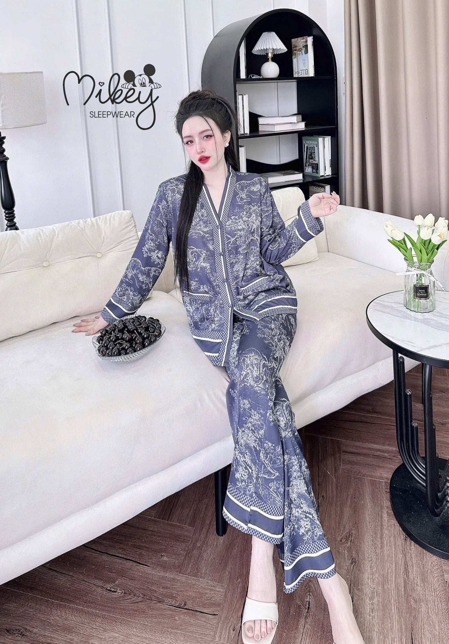 Pijama tay dài Mikey lụa Latin nút bọc cao cấp