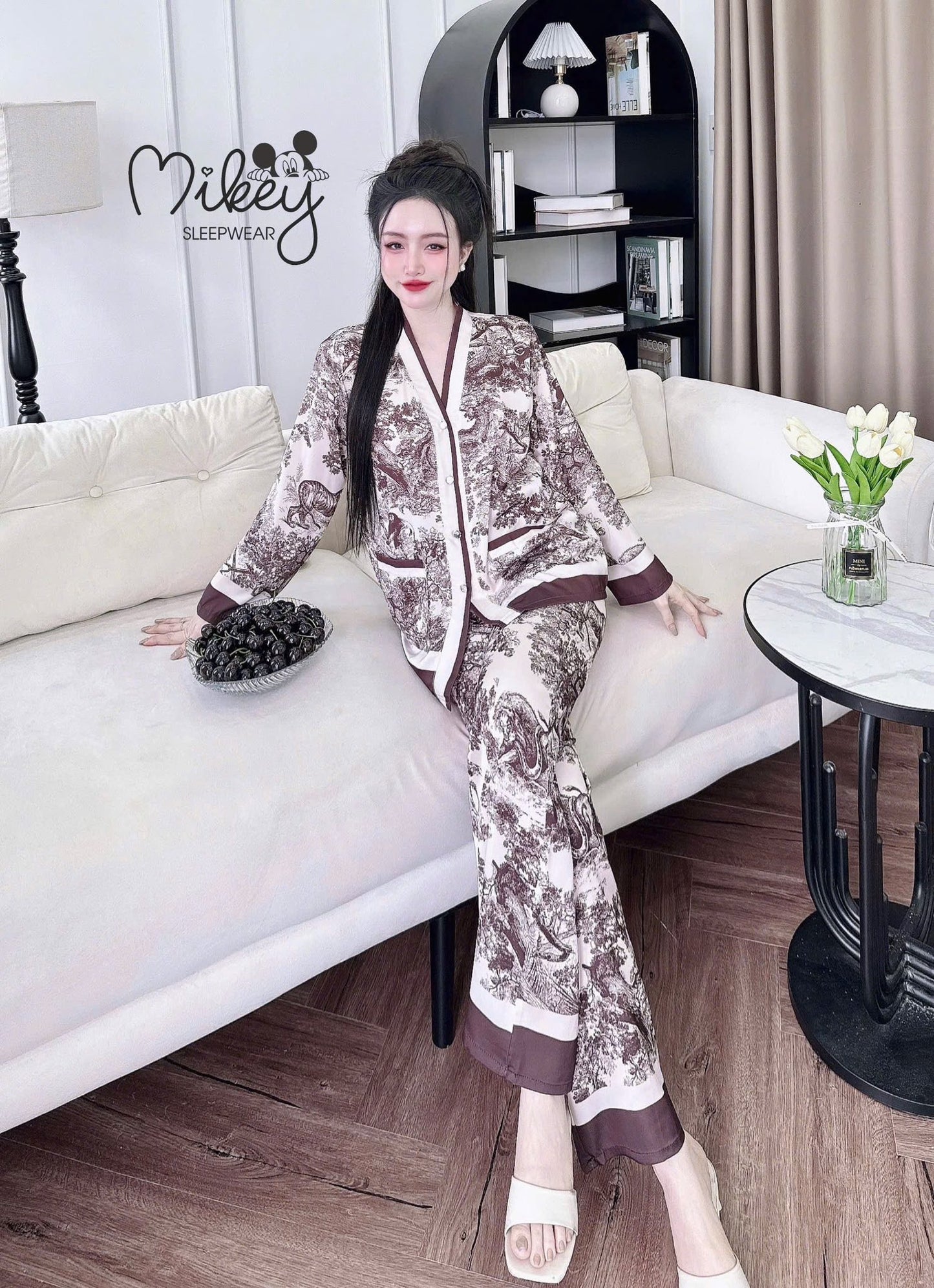 Pijama tay dài Mikey lụa Latin nút bọc cao cấp