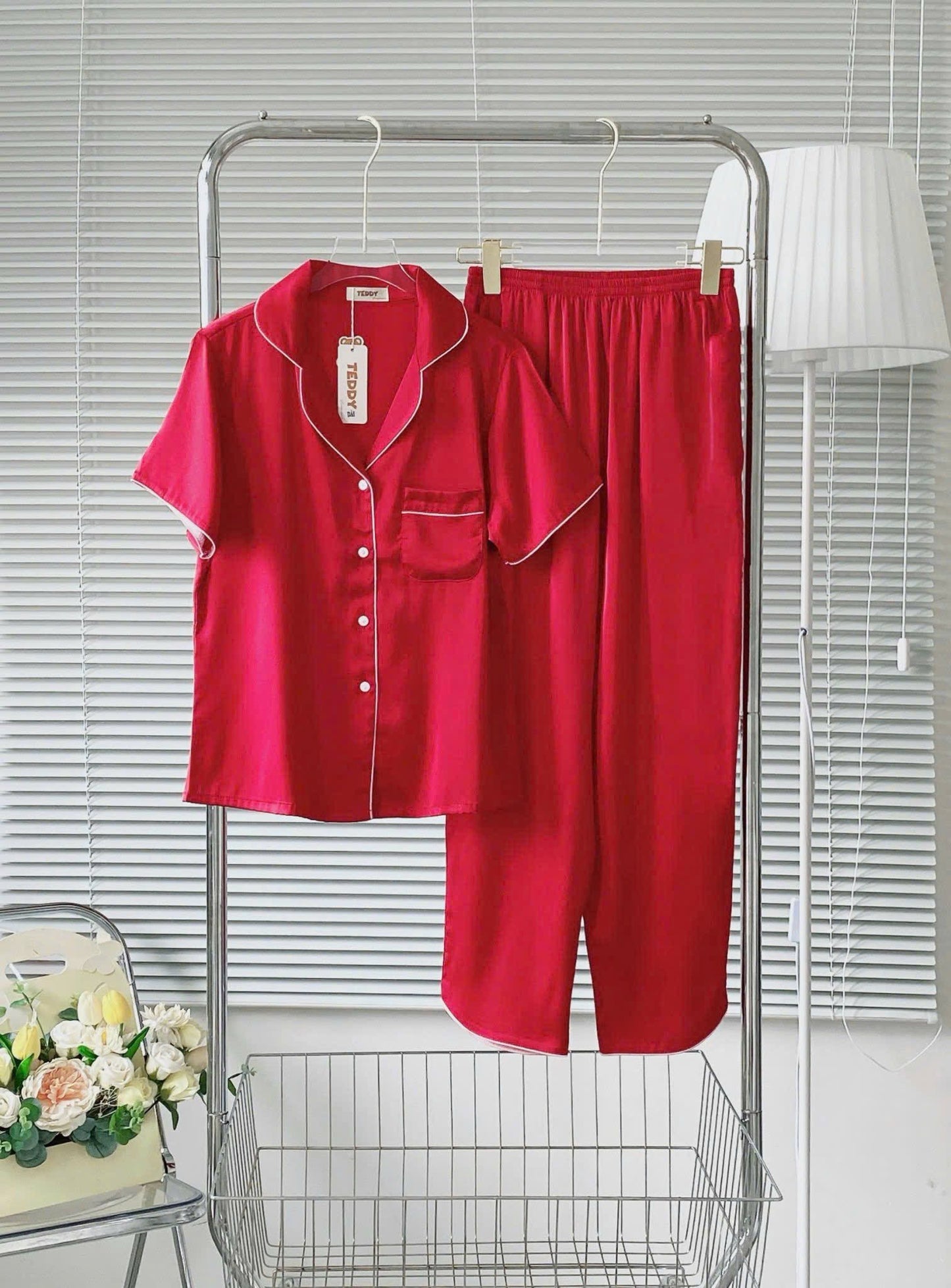 Pijama tay ngắn trơn Teddy viền lé lụa
