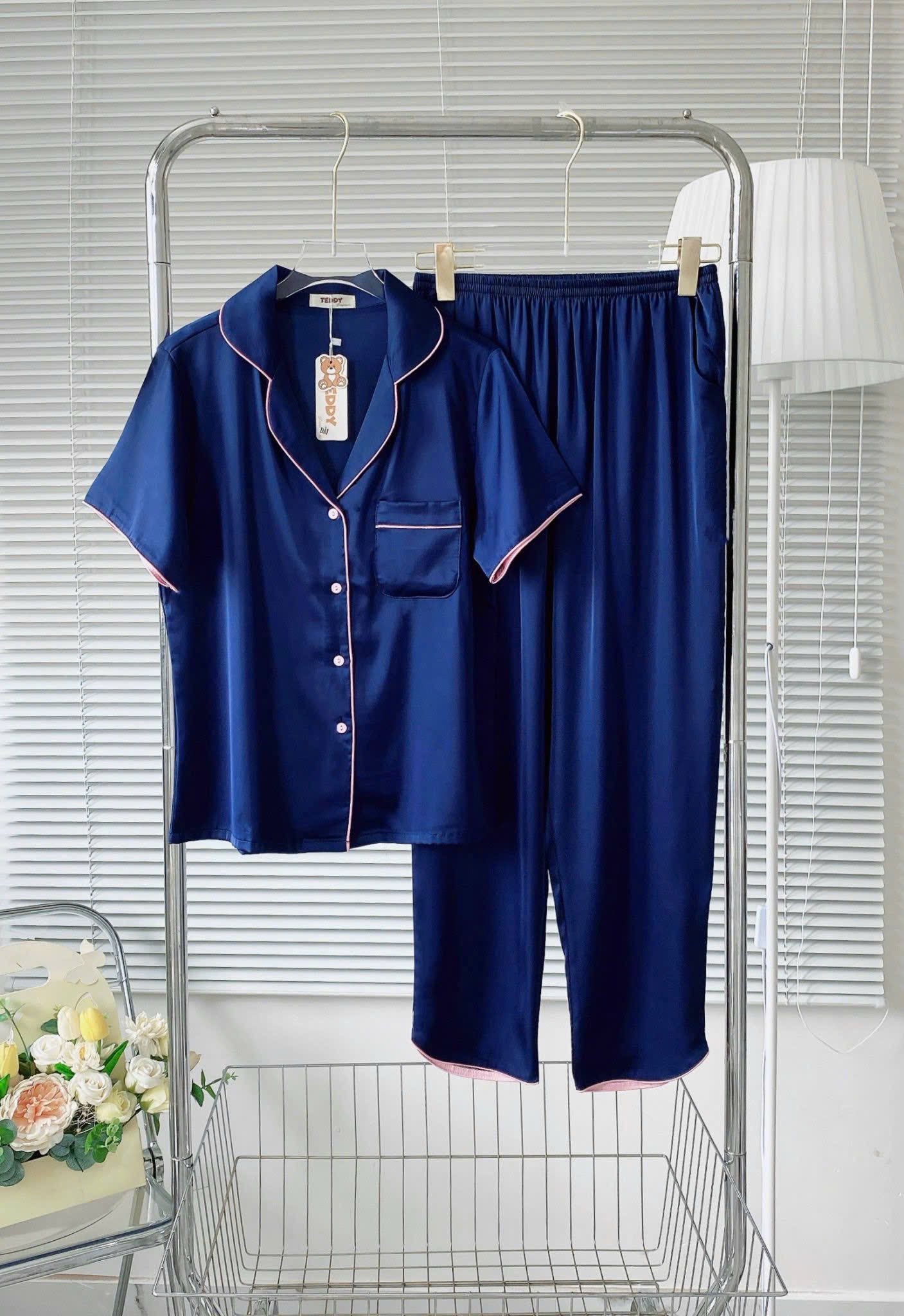 Pijama tay ngắn trơn Teddy viền lé lụa