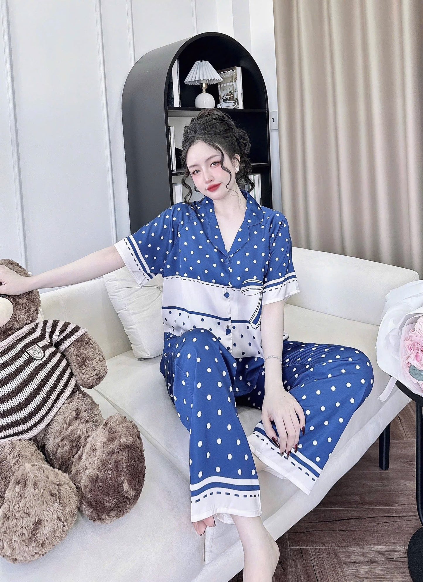 Pijama Tay Ngắn Quần Dài Raglan Nút Bọc
