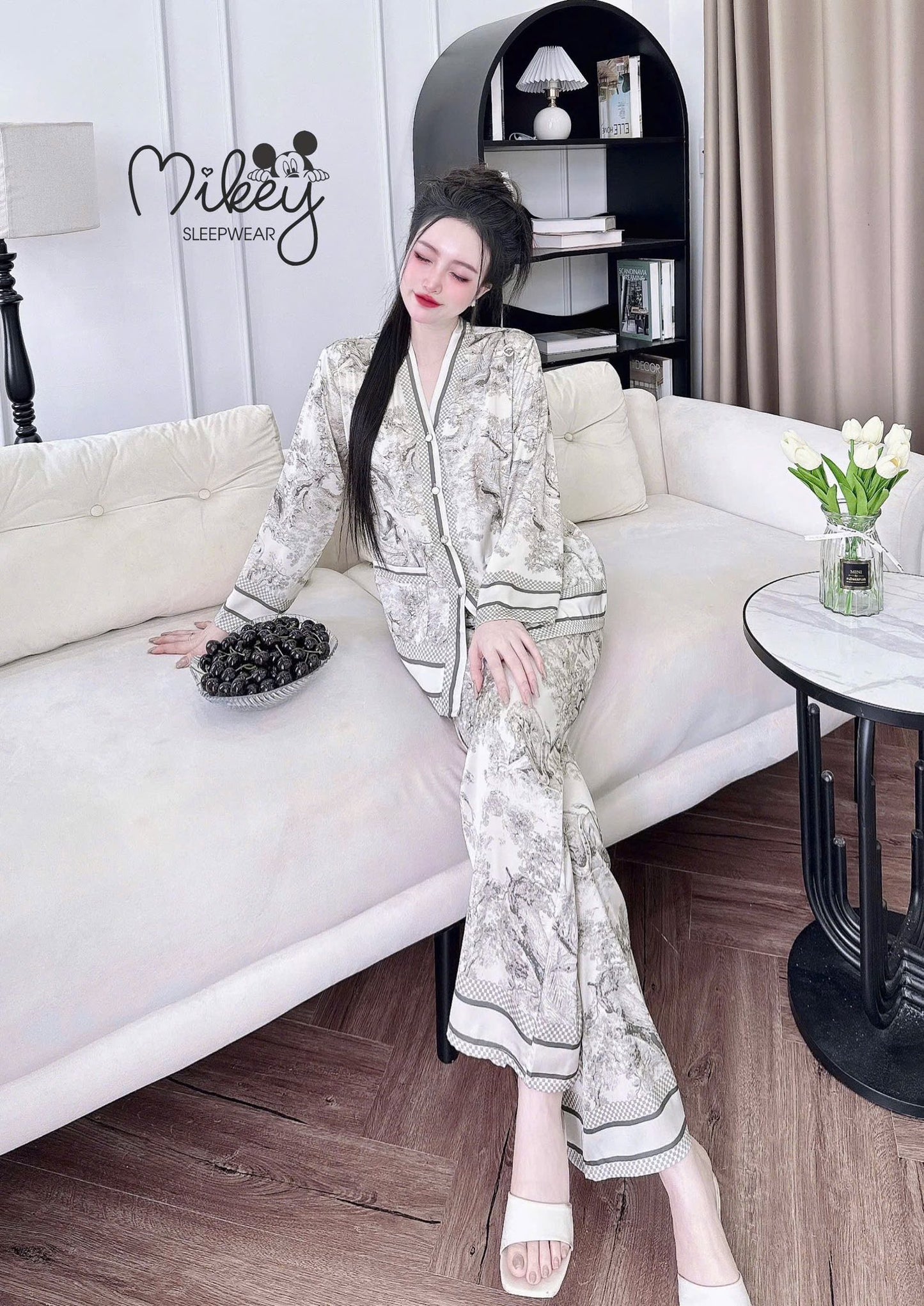 Pijama tay dài Mikey lụa Latin nút bọc cao cấp