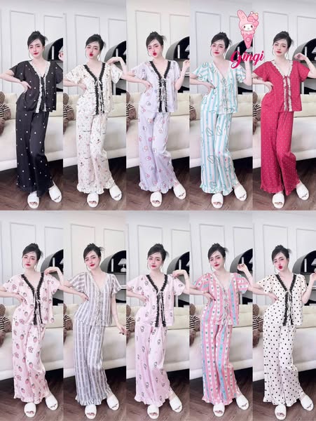 Tay ngắn quần dài cánh tiên cổ Y phối ren