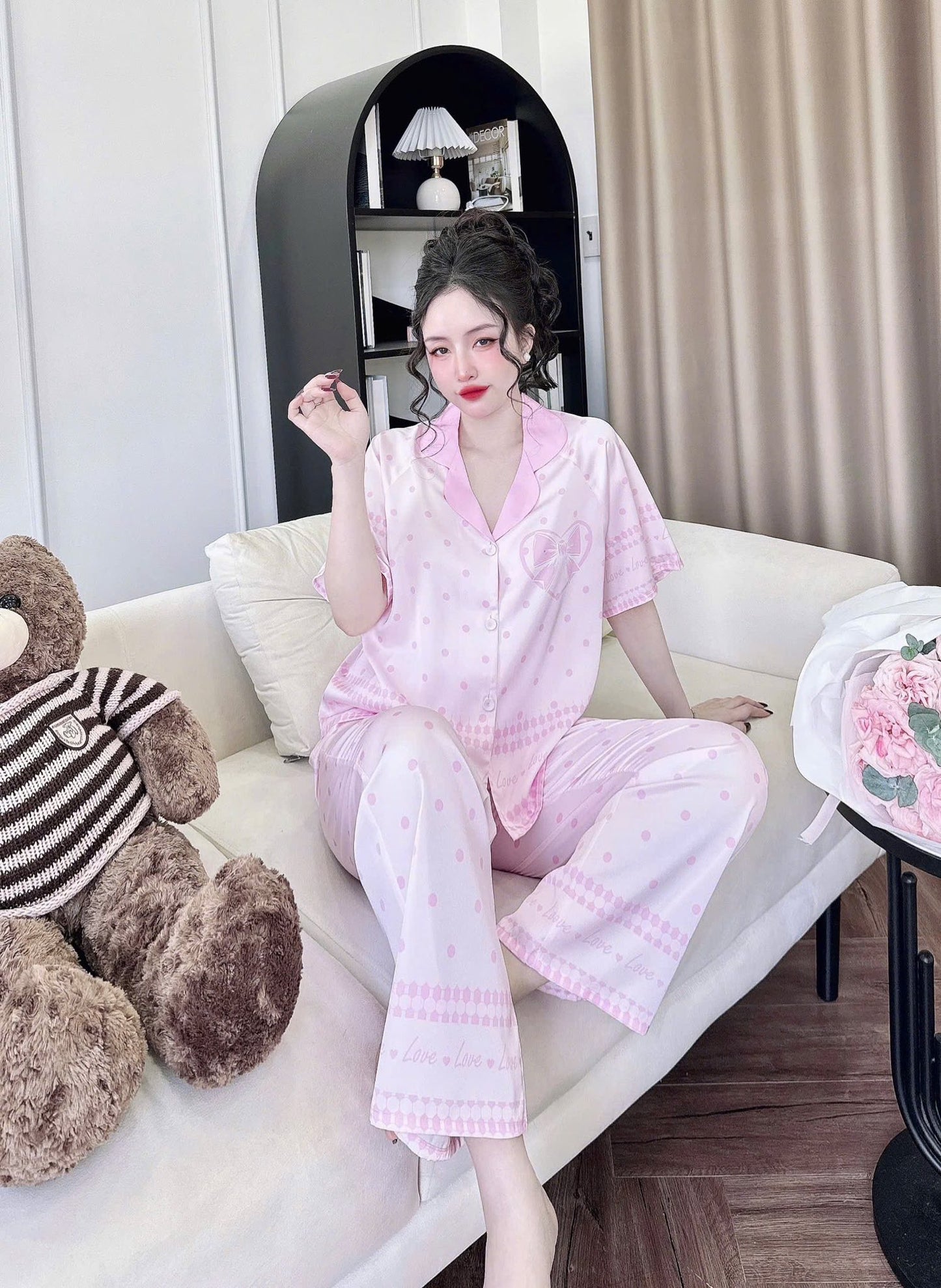Pijama Tay Ngắn Quần Dài Raglan Nút Bọc