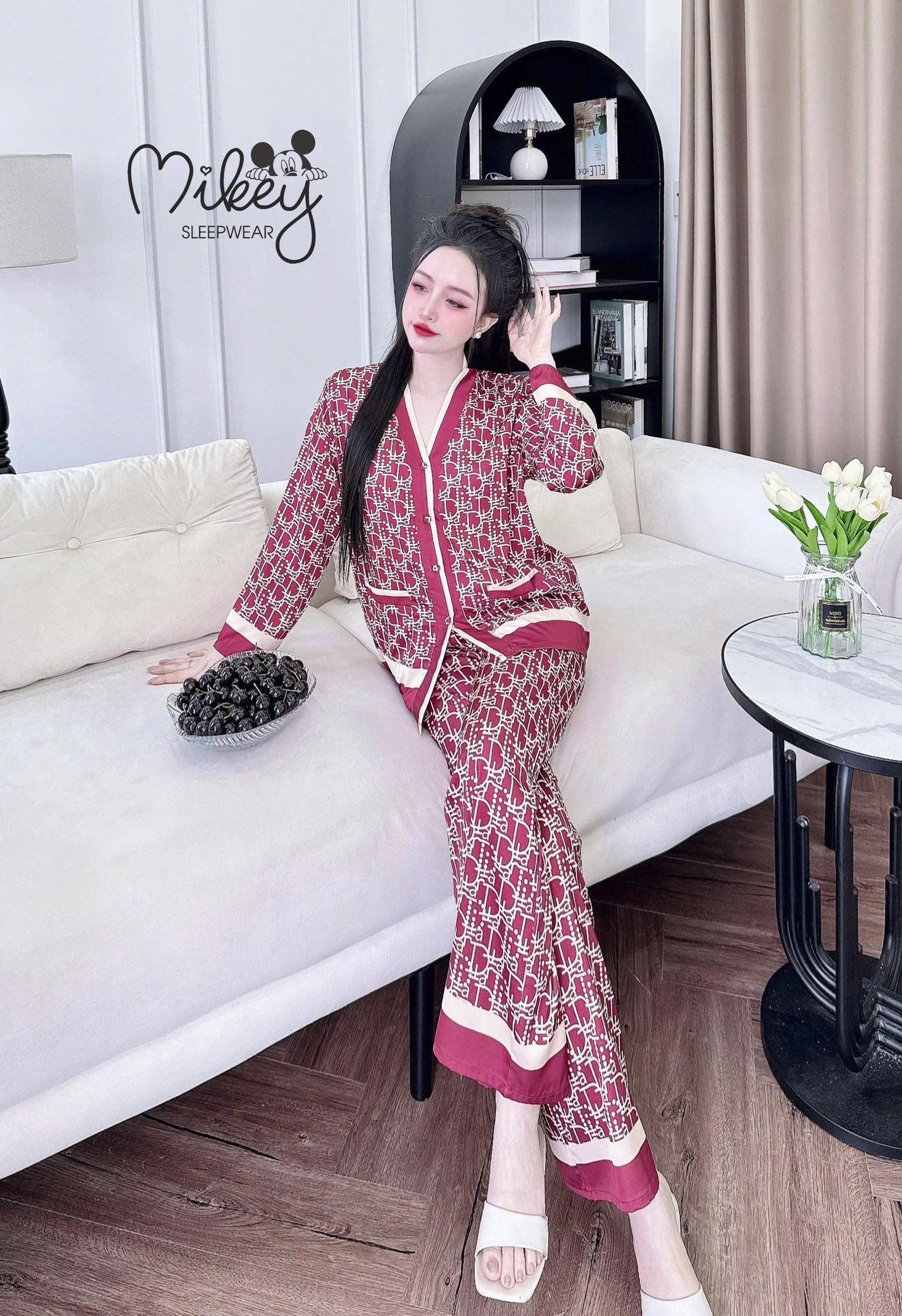 Pijama tay dài Mikey lụa Latin nút bọc cao cấp