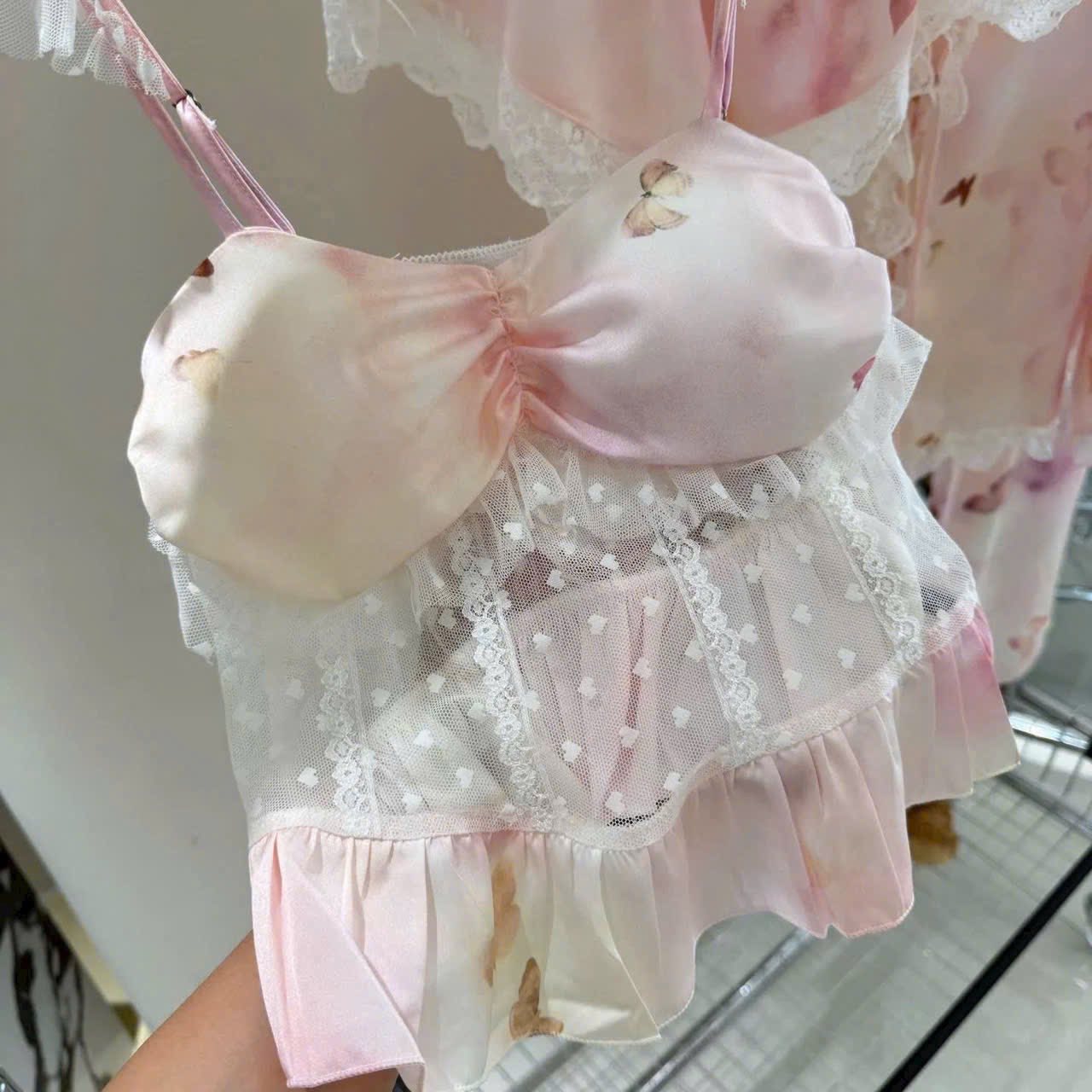 Set Đồ Ngủ 2 Dây Mút Ngực Phối Voan