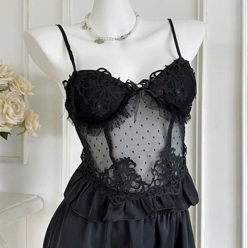Đồ Ngủ 2 Dây Quần Đùi Sexy Phối Voan