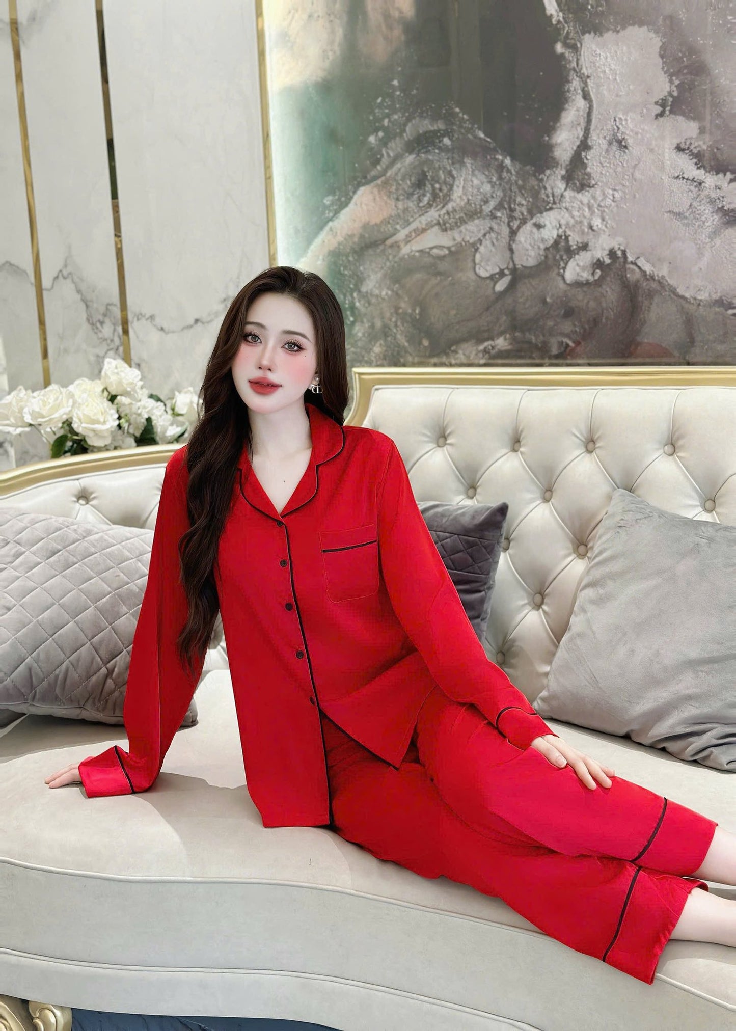 Bộ Tay Dài Trơn Lụa Lạnh Hàn Cao Cấp