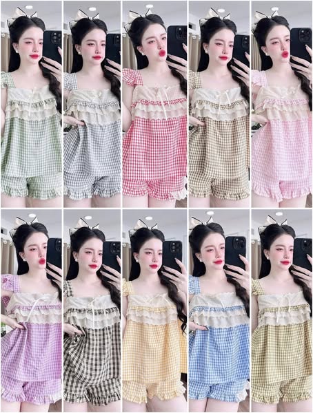 Bộ Ngủ Đùi Caro Tiểu Thư Phối Ren