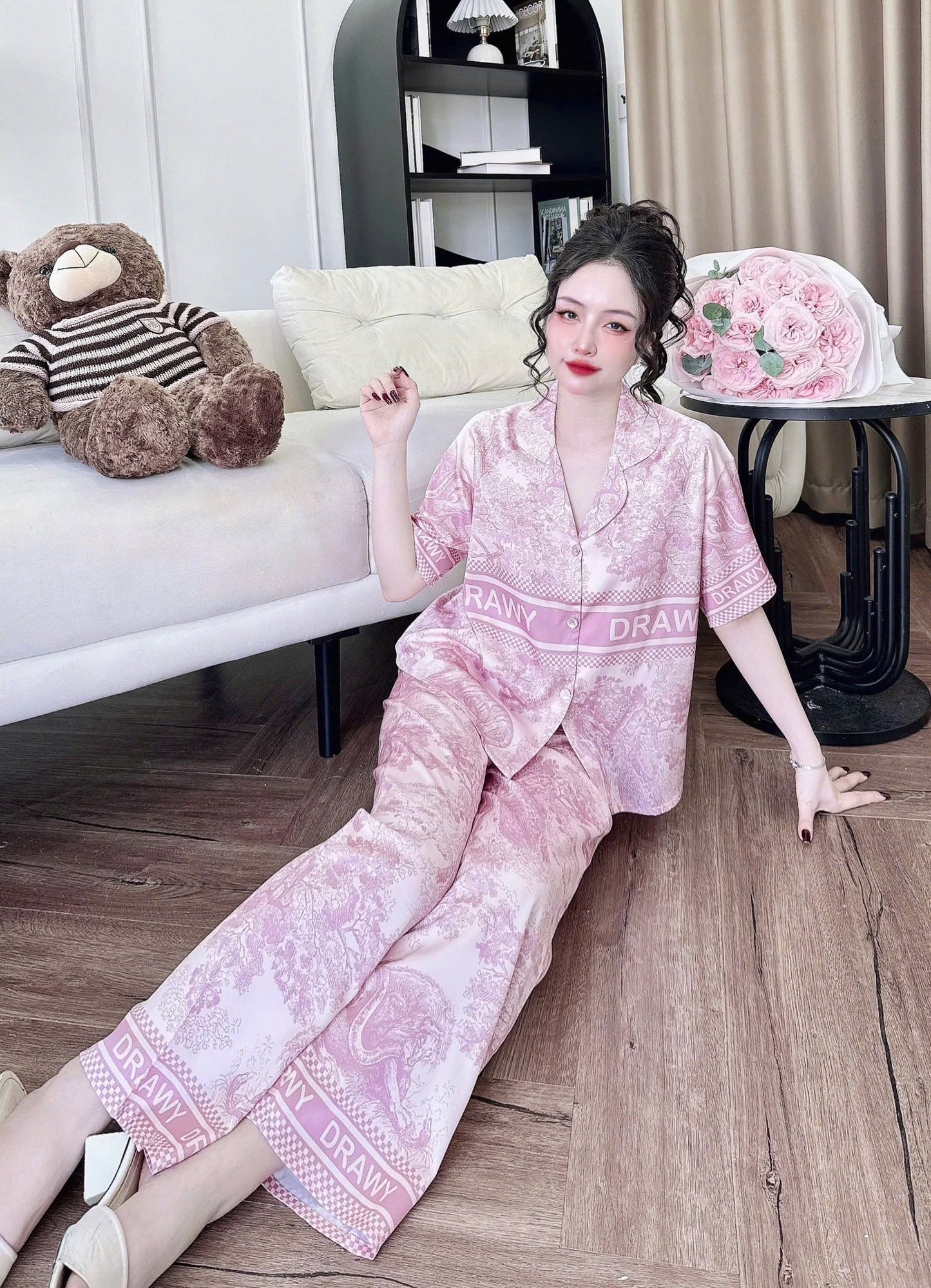 Pijama Tay Ngắn Quần Dài Raglan Nút Bọc