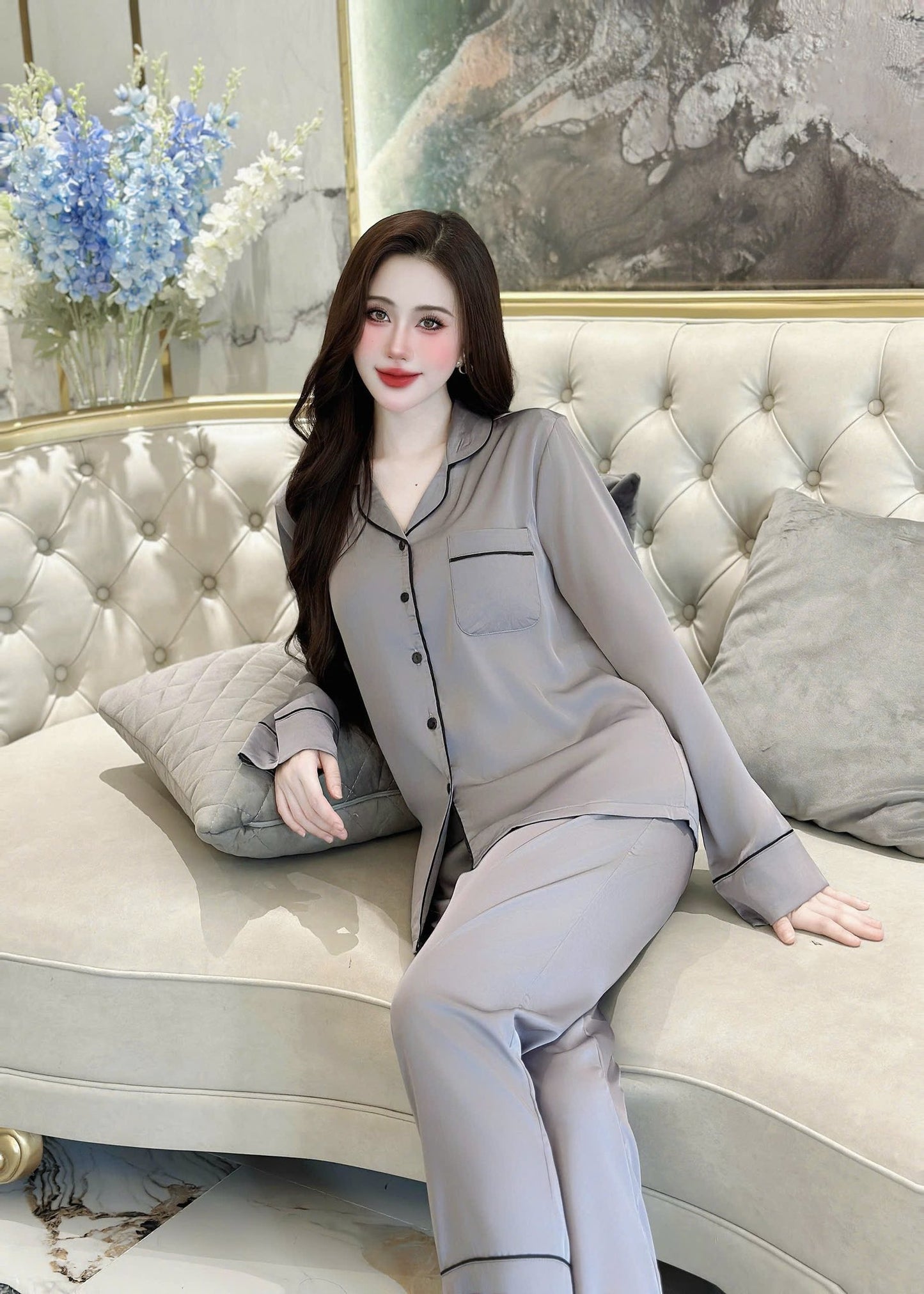 Bộ Tay Dài Trơn Lụa Lạnh Hàn Cao Cấp