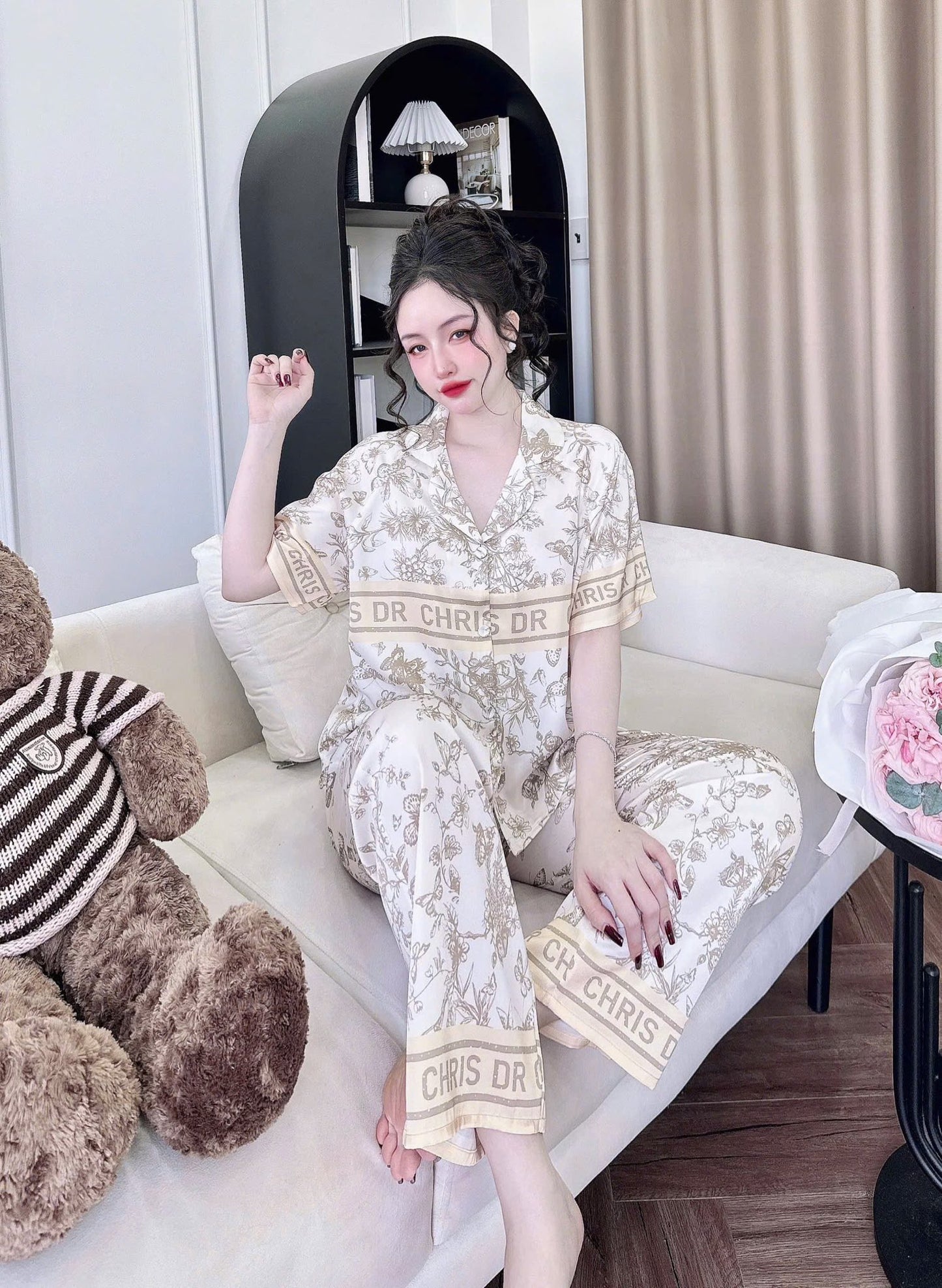 Pijama Tay Ngắn Quần Dài Raglan Nút Bọc