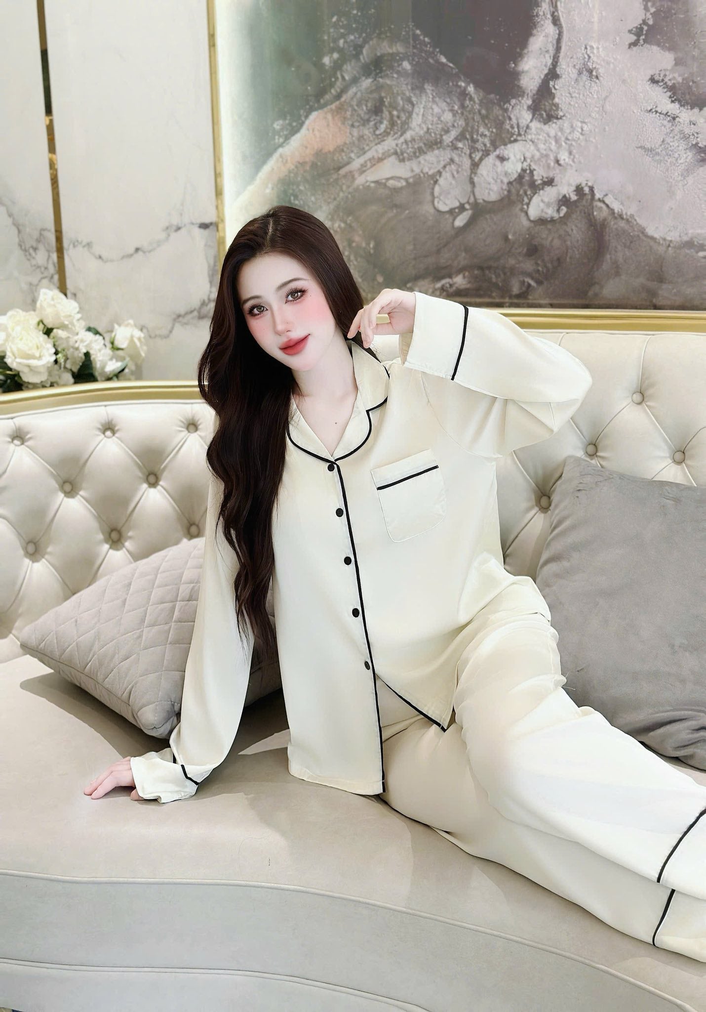 Bộ Tay Dài Trơn Lụa Lạnh Hàn Cao Cấp