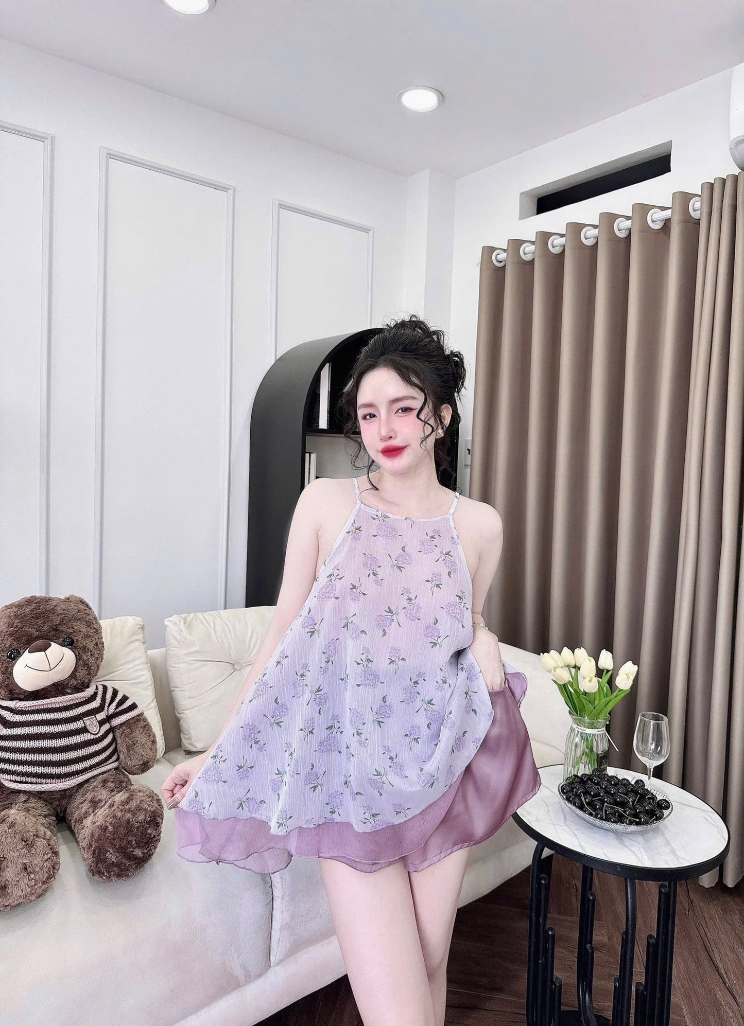 Set Yếm Voan Tơ 2 Lớp Quần Lụa Latin Cao Cấp