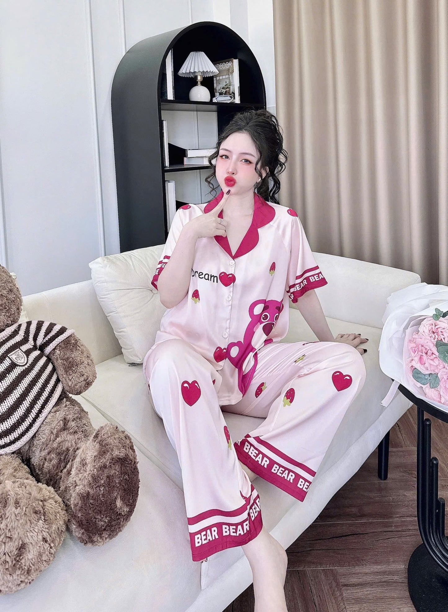 Pijama Tay Ngắn Quần Dài Raglan Nút Bọc