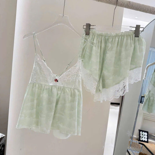 Đồ Ngủ 2 Dây Ren Cột Nơ Lưng Xanh Mát