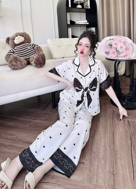 Pijama Tay Ngắn Quần Dài Raglan Nút Bọc