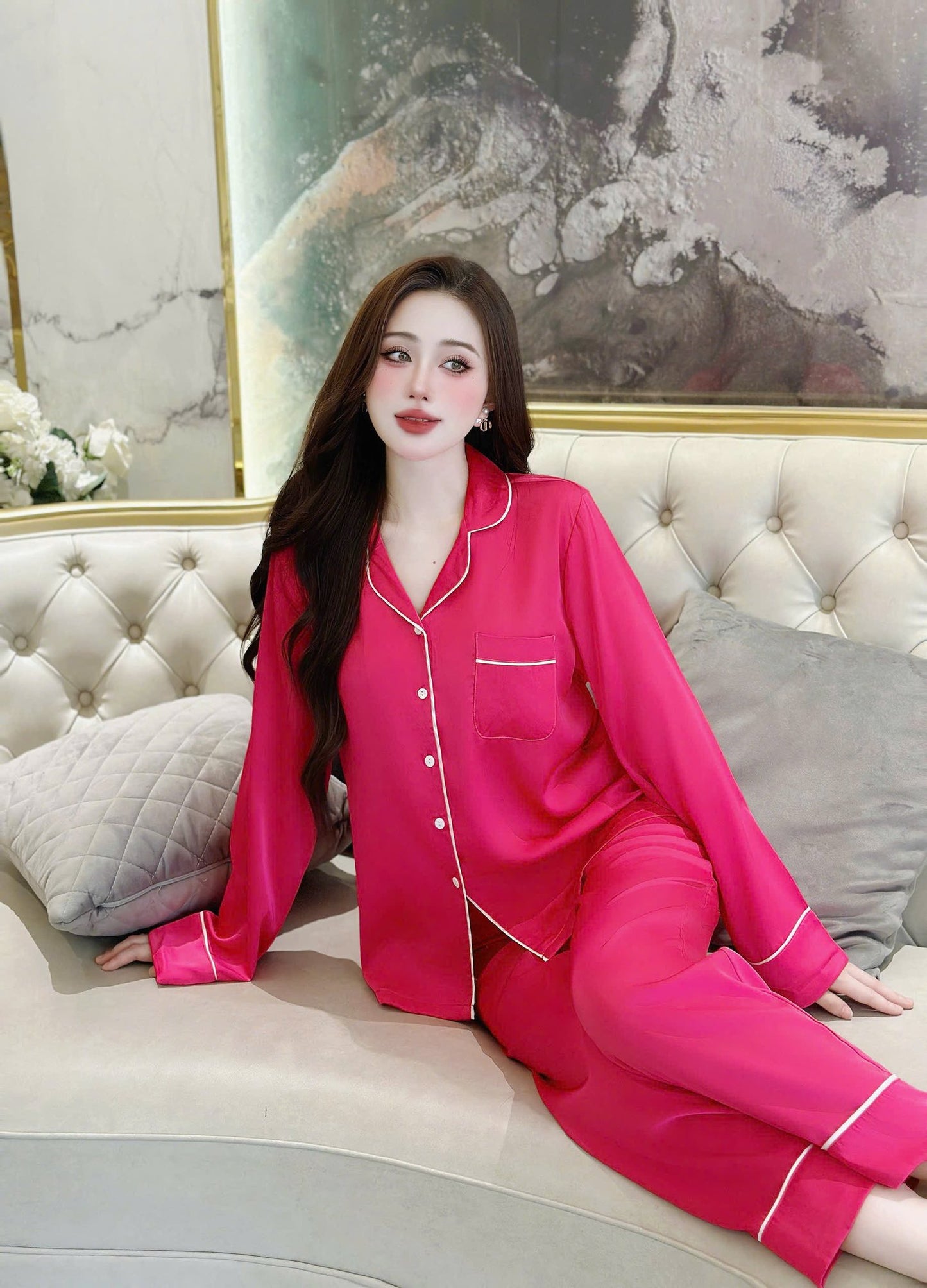 Bộ Tay Dài Trơn Lụa Lạnh Hàn Cao Cấp