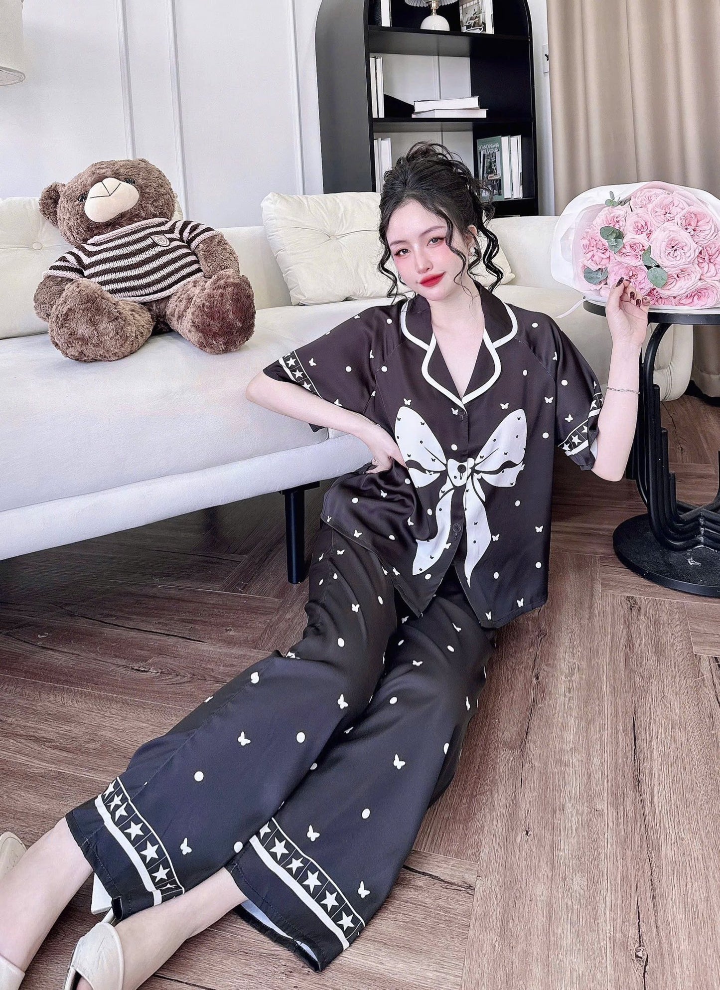 Pijama Tay Ngắn Quần Dài Raglan Nút Bọc