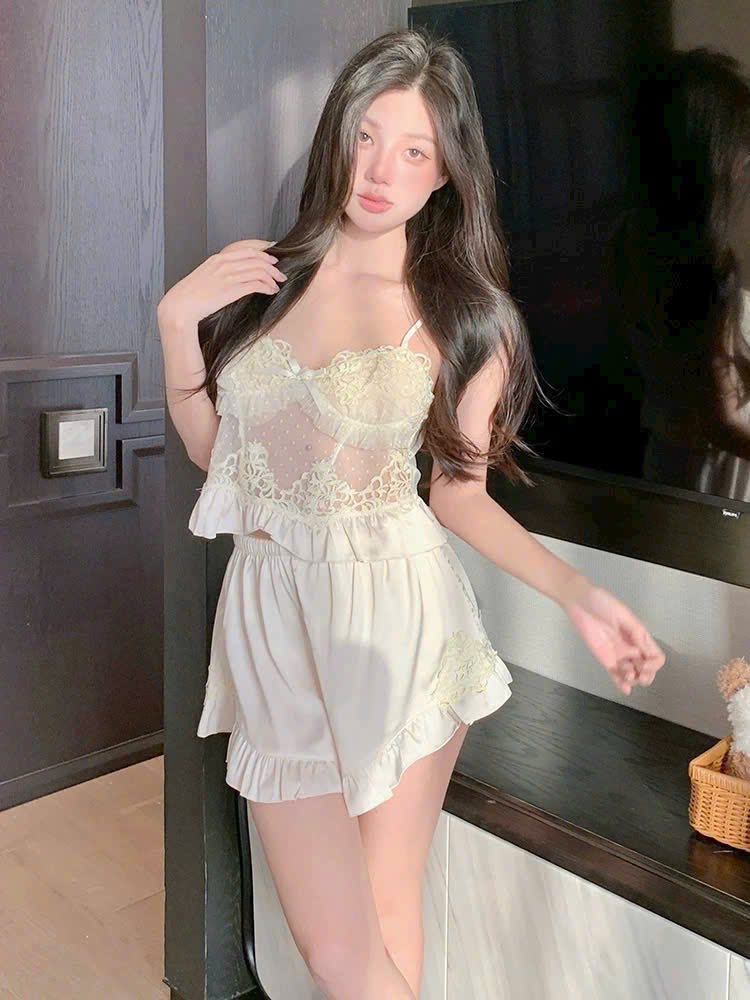 Đồ Ngủ 2 Dây Quần Đùi Sexy Phối Voan