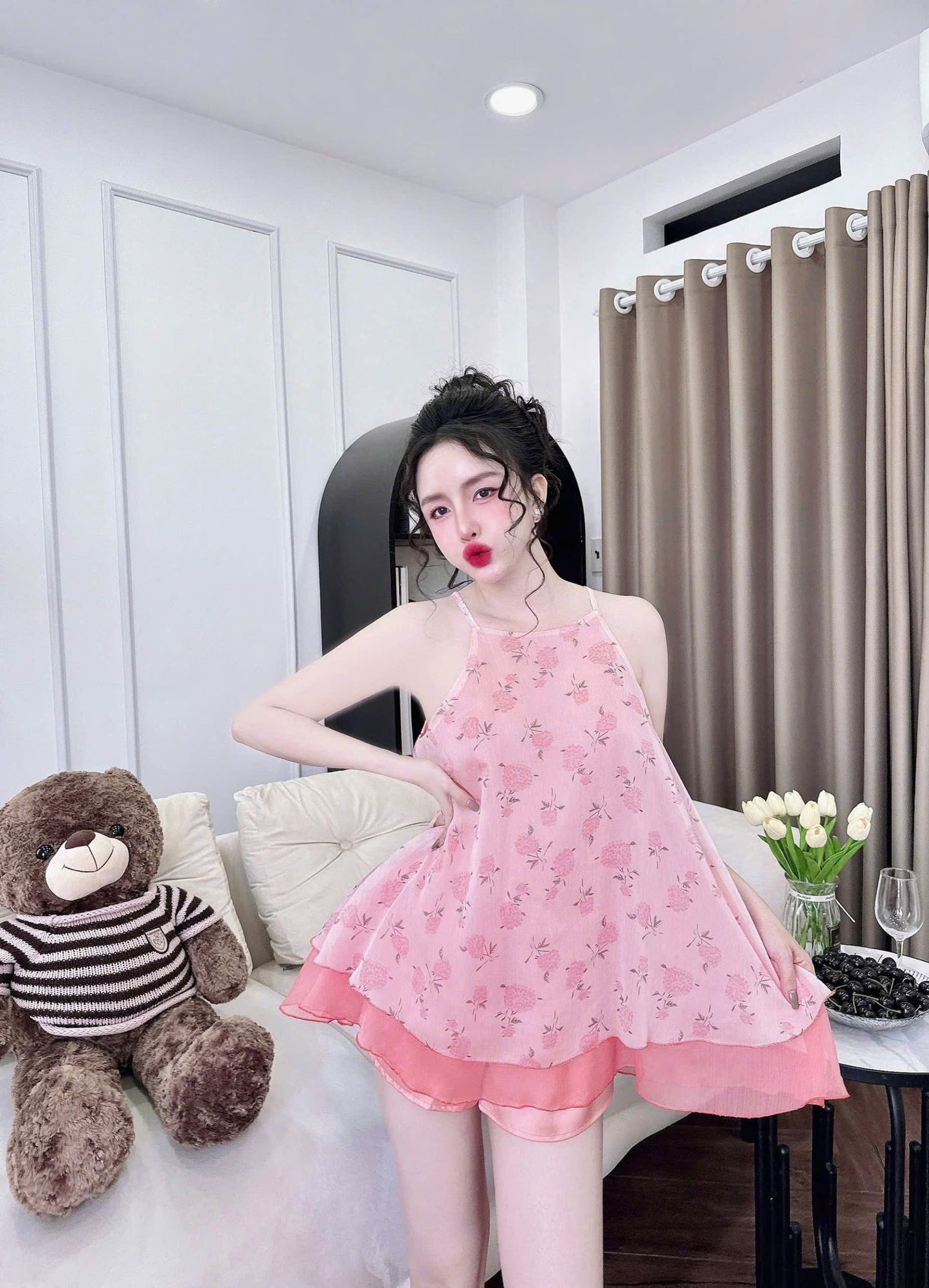 Set Yếm Voan Tơ 2 Lớp Quần Lụa Latin Cao Cấp